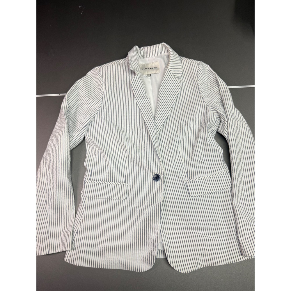 Alice Hope Womens Blue White Striped Single Button Blazer Size M office siren